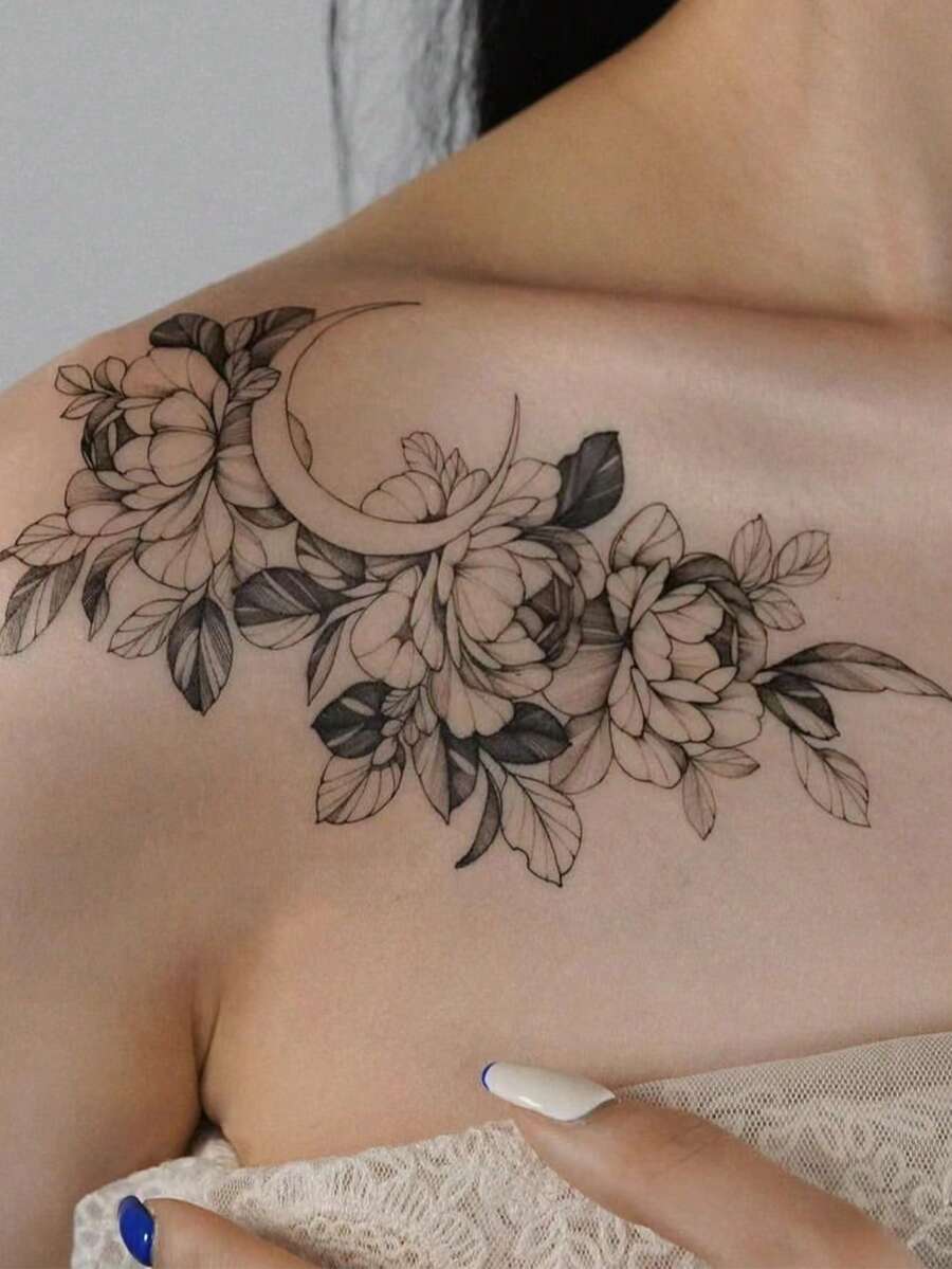 1 件花卉和月亮圖案臨時紋身貼紙 - 黑色 - 查看 1