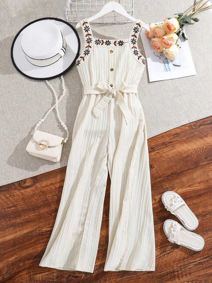 SHEIN 女孩花卉刺繡前紐扣腰帶吊帶連體褲 - 米色 - 查看 1