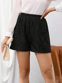 SHEIN Privé Elastic Waist Lace Shorts - Black - View 5