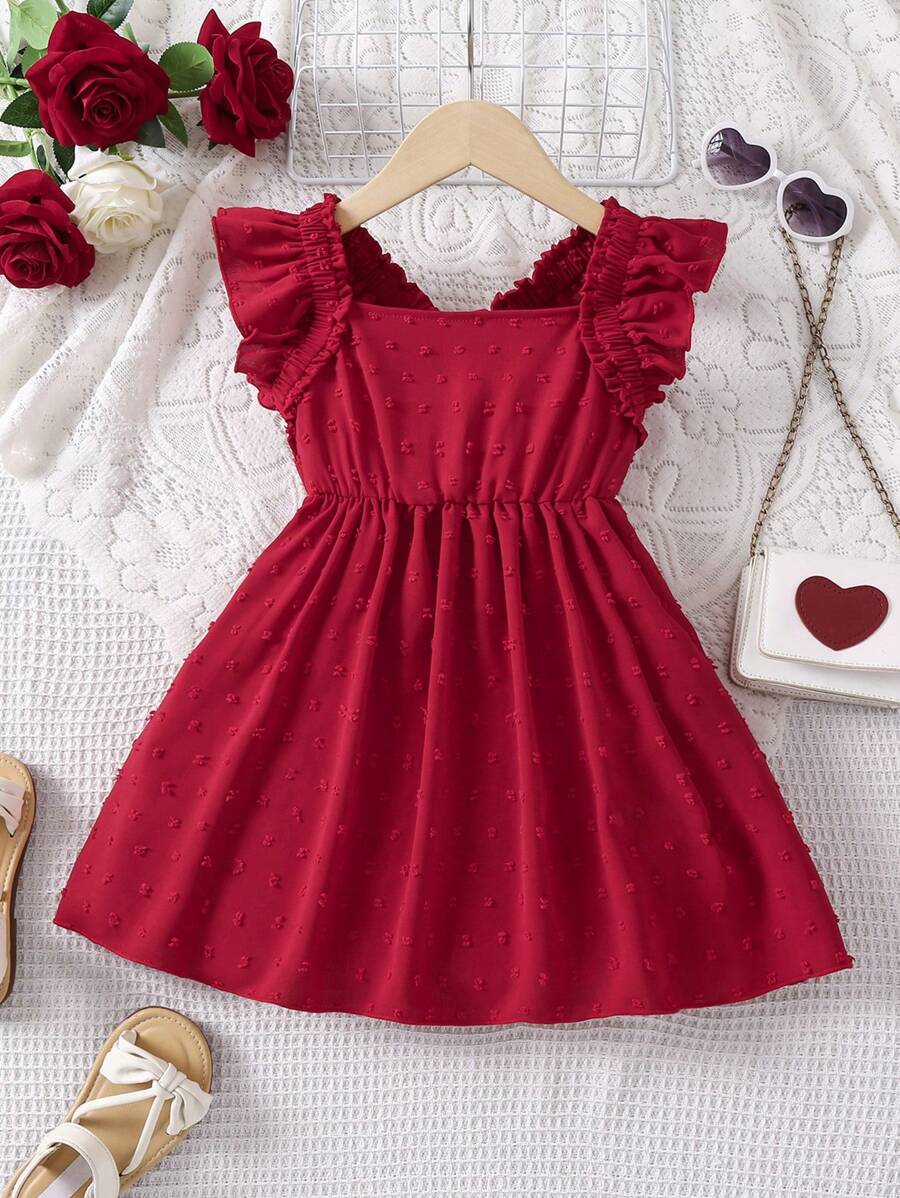 SHEIN 小女童圓點荷葉邊連衣裙 - 紅色 - 查看 1