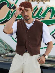 DAZY Men Button Front Sweater Vest Without Tee - Rust Brown - View 1