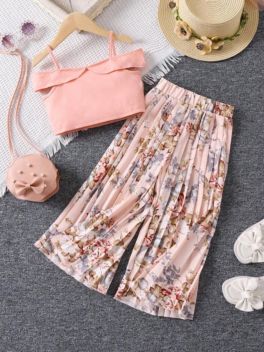 SHEIN Bộ thời trang bé gái Xếp li Hoa Boho - Hồng - Xem 1