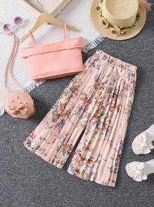 SHEIN Bộ thời trang bé gái Xếp li Hoa Boho - Hồng - Xem 2
