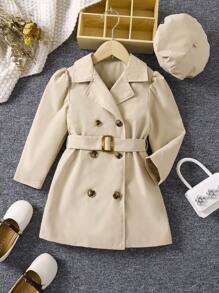 SHEIN 女小童雙排釦泡泡袖腰帶風衣外套和帽 - 卡其色 - 查看 1