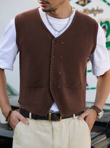 DAZY Men Button Front Sweater Vest Without Tee - Rust Brown - View 4