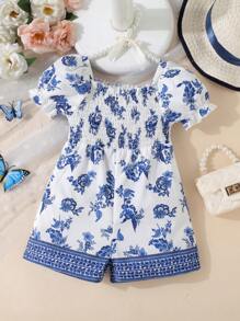 SHEIN Baby Floral Print Puff Sleeve Romper - Blue and White - View 1