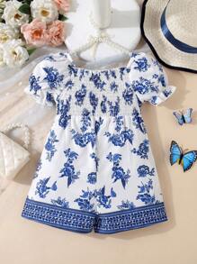 SHEIN Baby Floral Print Puff Sleeve Romper - Blue and White - View 2
