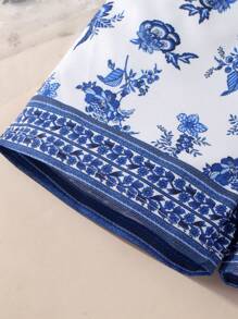 SHEIN Baby Floral Print Puff Sleeve Romper - Blue and White - View 4