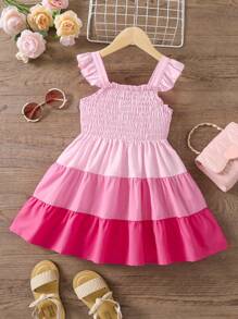 SHEIN Toddler Girls Colourblock Shirred Ruffle Trim Layer Hem Dress - Pink - View 1