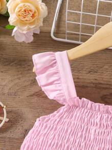 SHEIN Toddler Girls Colourblock Shirred Ruffle Trim Layer Hem Dress - Pink - View 5