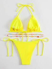 SHEIN Swim 夏季海滩纯色串珠吊带三角系带侧比基尼套装黄色比基尼套装女士 - 黃色 - 查看 2
