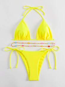 SHEIN Swim 夏季海滩纯色串珠吊带三角系带侧比基尼套装黄色比基尼套装女士 - 黃色 - 查看 3