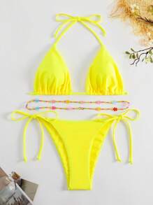 SHEIN Swim 夏季海滩纯色串珠吊带三角系带侧比基尼套装黄色比基尼套装女士 - 黃色 - 查看 4