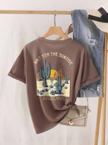 INAWLY Cactus And Slogan Graphic Tee WAIT FOR THE SUNRISE ARIZONA - Mocha Brown - View 1