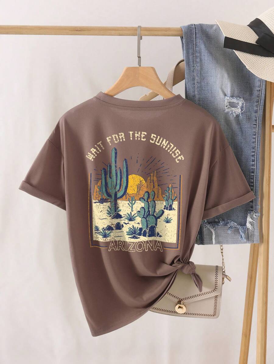 INAWLY Cactus And Slogan Graphic Tee WAIT FOR THE SUNRISE ARIZONA - Mocha Brown - View 1
