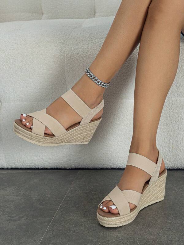Women's New Fashion Versatile Woven Criss-Cross Strap Comfortable Platform Chunky Heel Sandals, Apricot