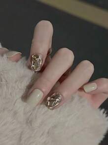 Upgrade Your Look Instantly! 24pcs Short Square Milky White Glitter Rhinestone Japanese Style False Nails Set Including 1 Jelly Glue And 1 Nail File - Multicolor - View 1