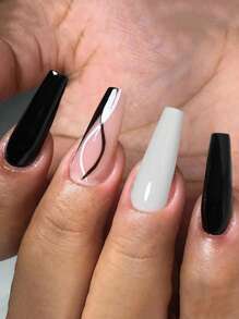 VV MEI JIA ER 24入組黑白漩渦條紋長棺材假指甲和 1入組指甲銼和 1 張膠帶別緻按壓指甲套件 - 彩色 - 查看 1