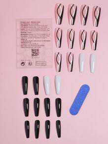 VV MEI JIA ER 24入組黑白漩渦條紋長棺材假指甲和 1入組指甲銼和 1 張膠帶別緻按壓指甲套件 - 彩色 - 查看 2