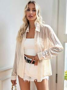 SHEIN Essnce 素色口袋貼布前紐扣襯衫 - 黃色 - 查看 3