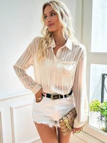 SHEIN Essnce 素色口袋貼布前紐扣襯衫 - 黃色 - 查看 4