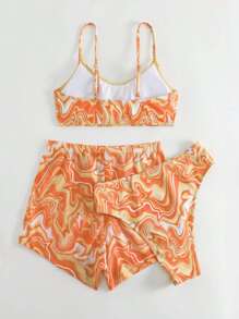 SHEIN Swim 滿版印花比基尼泳裝帶沙灘短褲 - 橘色 - 查看 5