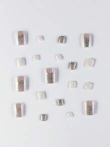 24入組短方形水鑽裝飾假腳趾甲和 1入組指甲銼和 1 張別緻壓釘膠帶 - 彩色 - 查看 4