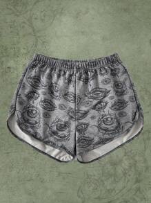 ROMWE Grunge Punk Quần đùi nữ Tương phản ràng buộc Con số Giải trí - Xám - Xem 1