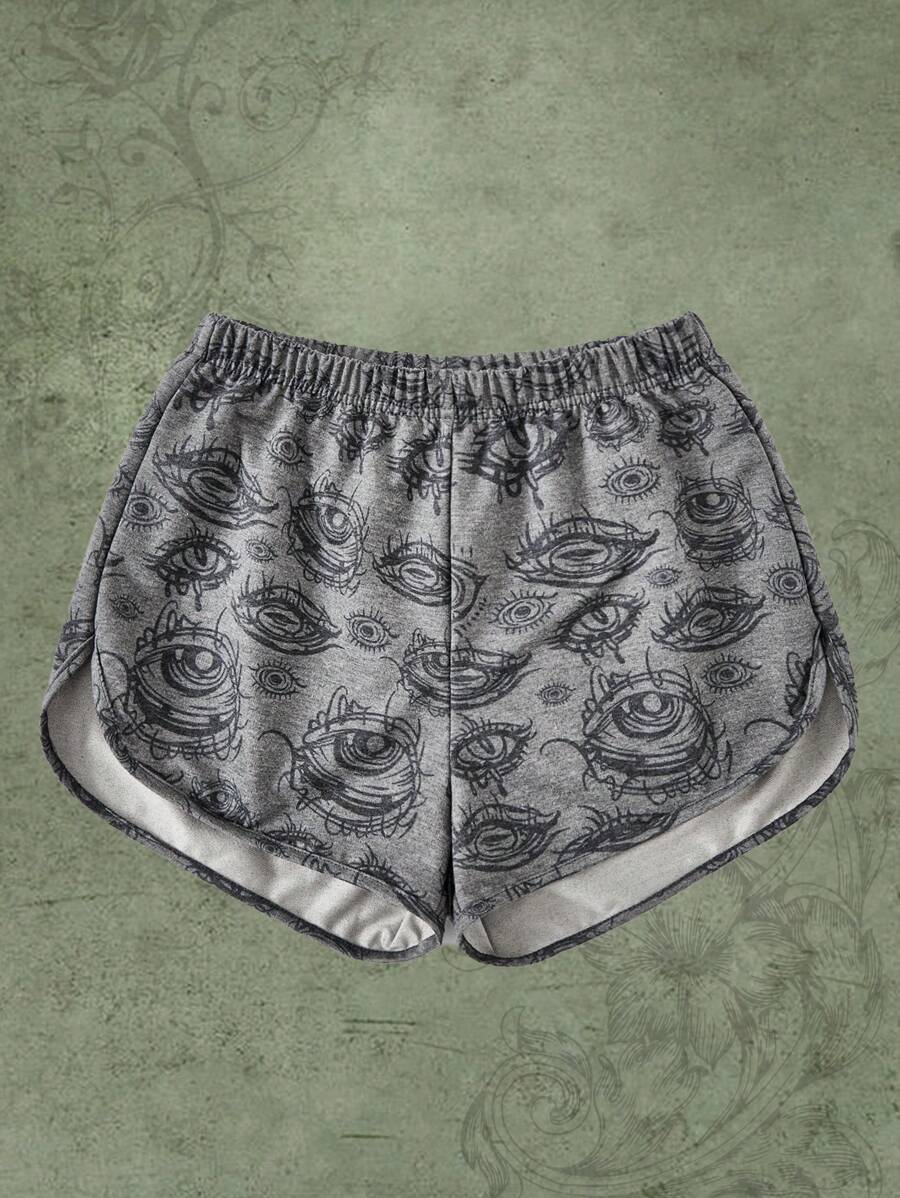 ROMWE Grunge Punk Quần đùi nữ Tương phản ràng buộc Con số Giải trí - Xám - Xem 1