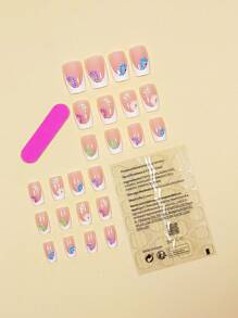 24pcs Sparkling Blue Square Shaped False Nails With 1pc Nail File And 1pc Jelly Glue Included - Multicolor - View 2