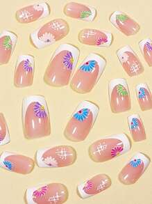 24pcs Sparkling Blue Square Shaped False Nails With 1pc Nail File And 1pc Jelly Glue Included - Multicolor - View 5