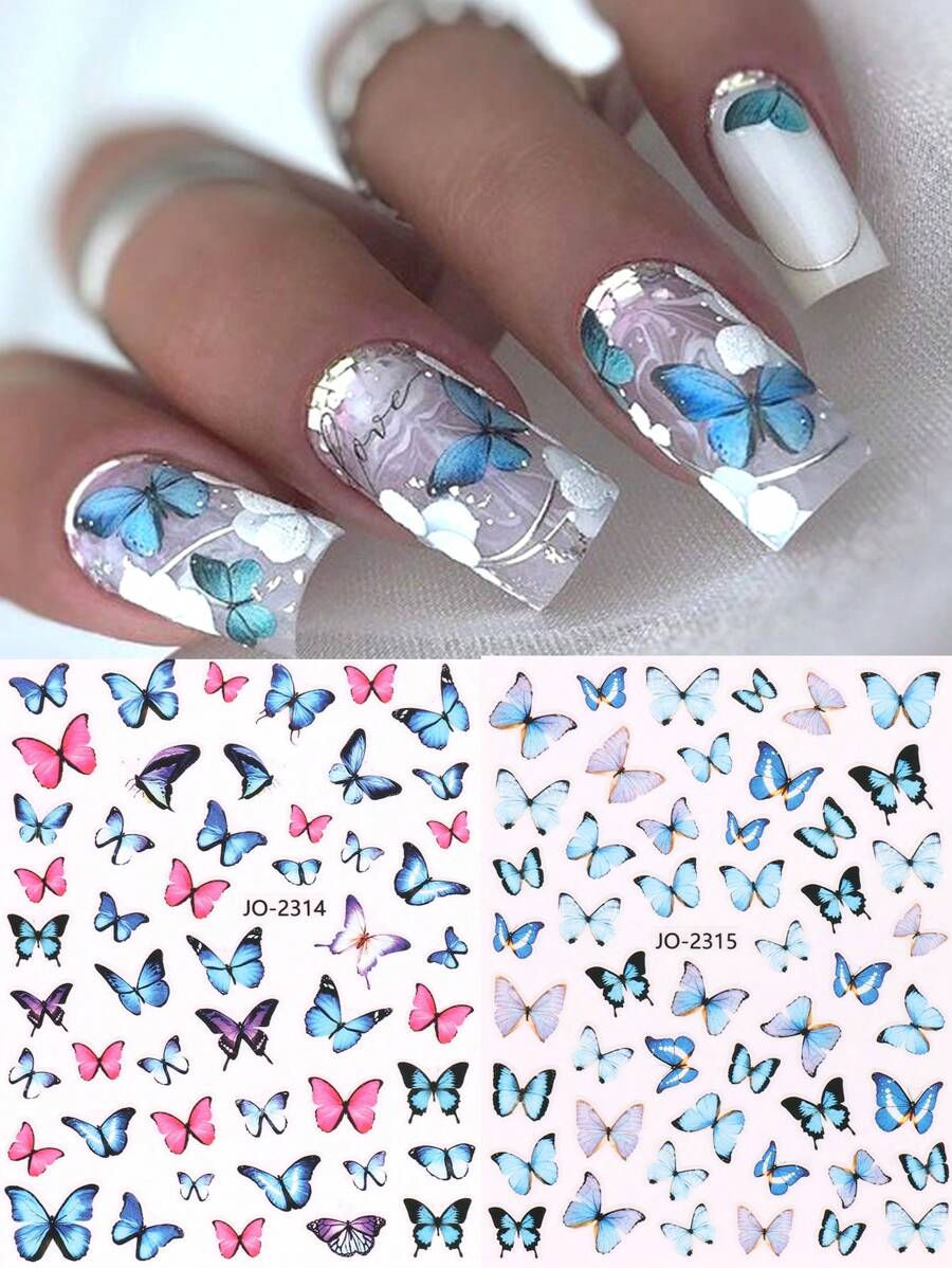 2sheets Sapphire Pink Butterfly Pattern Nail Art Sticker, Quick, Easy Nail Art Decals - Multicolor - View 1