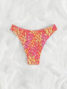 Swim Mod Summer Beach Floral Print Smocked Bikini Bottom - Red - View 2