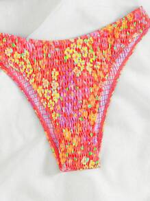 Swim Mod Summer Beach Floral Print Smocked Bikini Bottom - Red - View 4