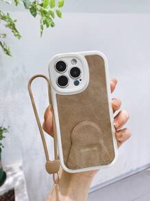 紋理質感手機殼附帶繩子和磁性支架 - 卡其色 - 查看 1