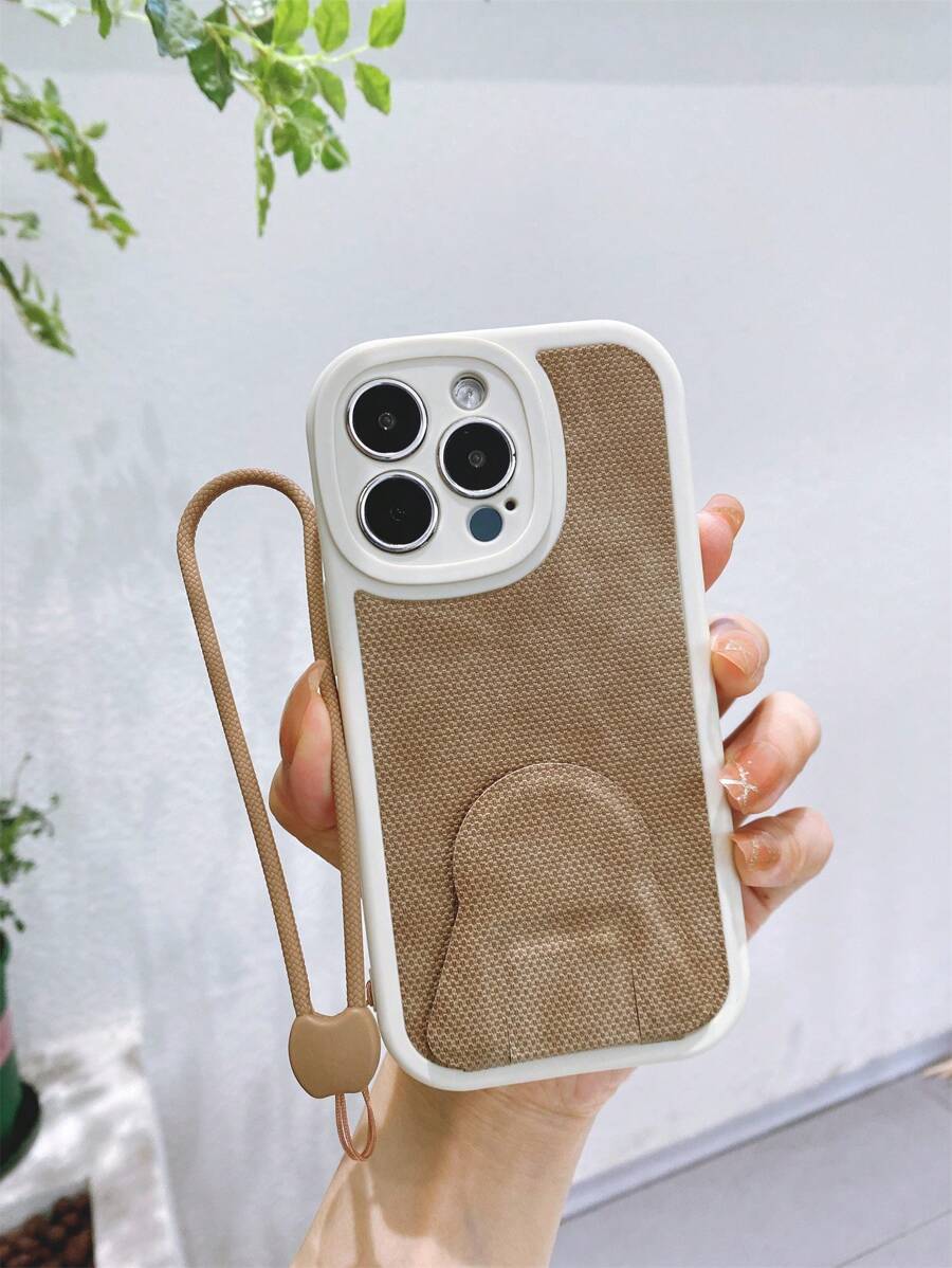 紋理質感手機殼附帶繩子和磁性支架 - 卡其色 - 查看 1