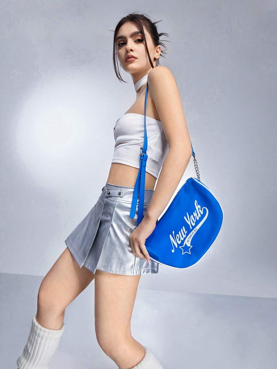 SHEIN ICON Medium Hobo Bag Letter Graphic Colourblock - Blue - View 1