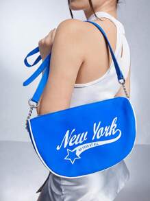 SHEIN ICON Medium Hobo Bag Letter Graphic Colourblock - Blue - View 2