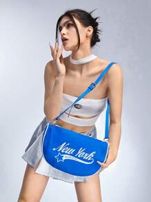 SHEIN ICON Medium Hobo Bag Letter Graphic Colourblock - Blue - View 3