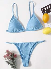 Swim Basics Summer Beach Plain Thong Bikini - Baby Blue - View 1