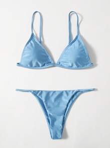 Swim Basics Summer Beach Plain Thong Bikini - Baby Blue - View 3