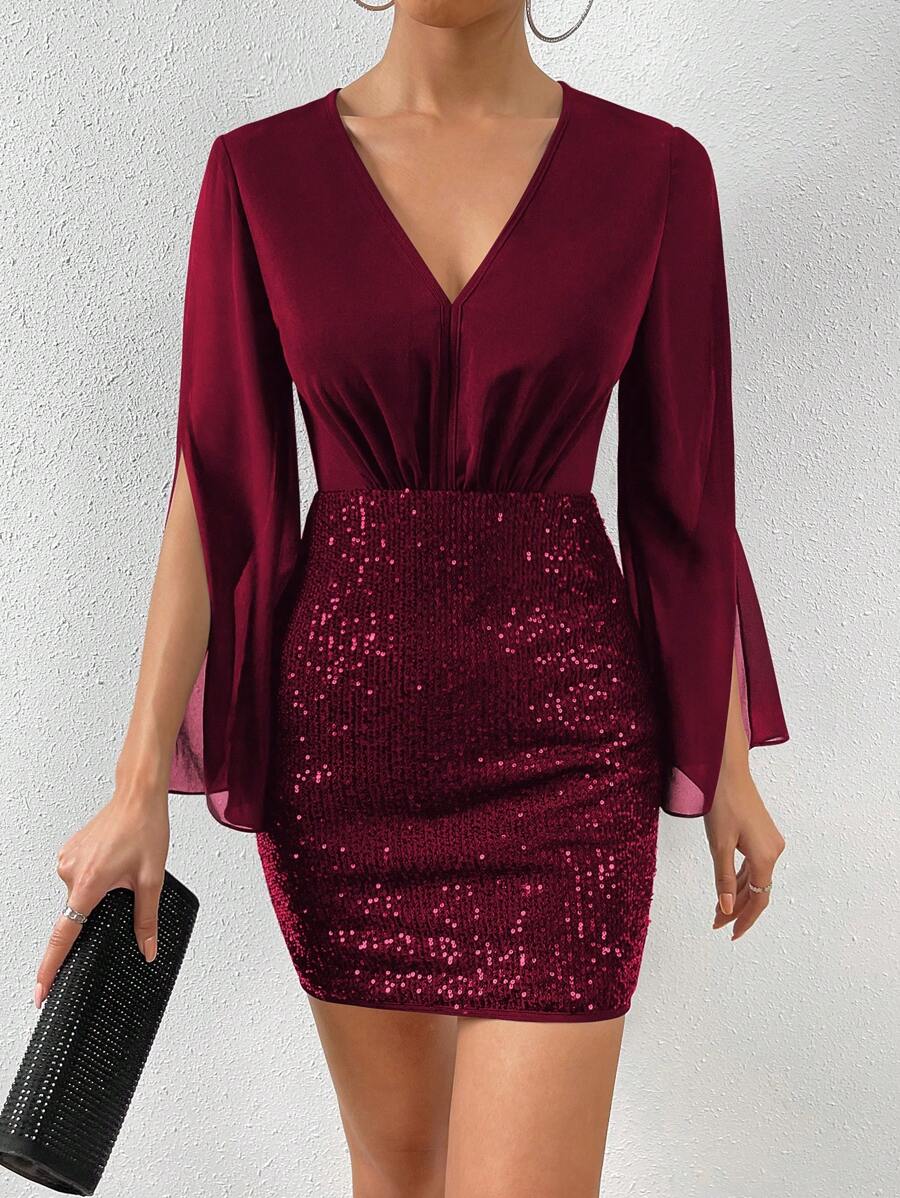 Chiquease Đầm ôm body cổ chữ V xẻ tà tay sequin dự tiệc Giáng sinh, màu đỏ rượu cho trang phục dự tiệc năm mới màu đỏ tía dành cho nữ - Màu Đỏ Sâu - Xem 1