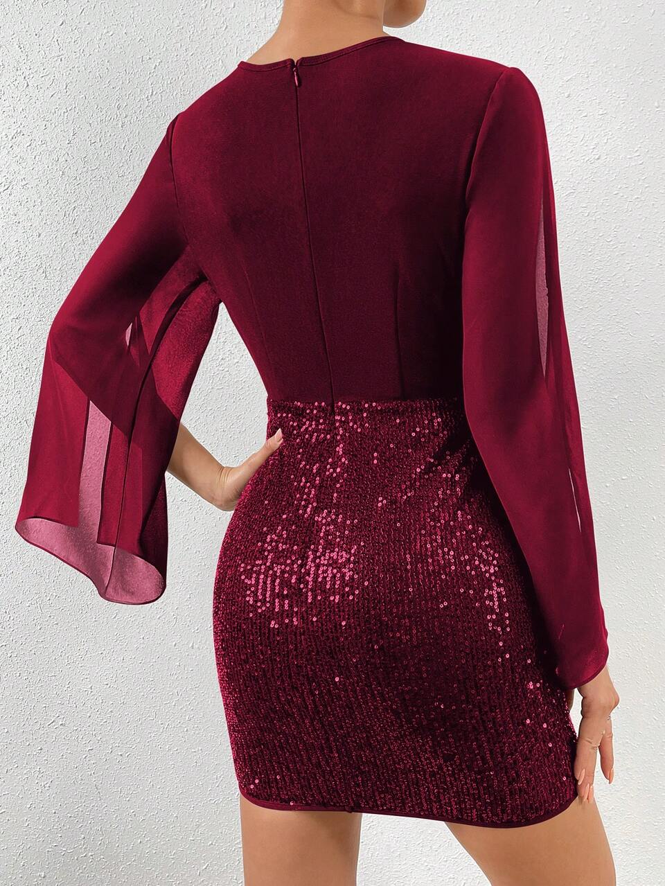 Christmas Party Sequin Sleeve Slit V-Neck Fitted Bodycon Dress, Wine Red For New Year Holiday Party Clothes Burgundy Color Women Outfit