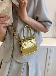 前衛方包鱷魚壓紋翻蓋頂部單條提帶迷你PU皮革 - 金色 - 查看 1