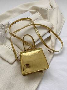 前衛方包鱷魚壓紋翻蓋頂部單條提帶迷你PU皮革 - 金色 - 查看 2