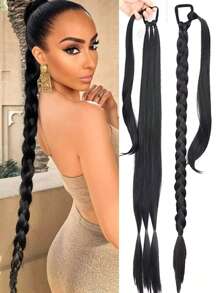 Straight Black 30 Inch Extra Long Synthetic Wrap Around Clip In Ponytail Extension - Black - View 1