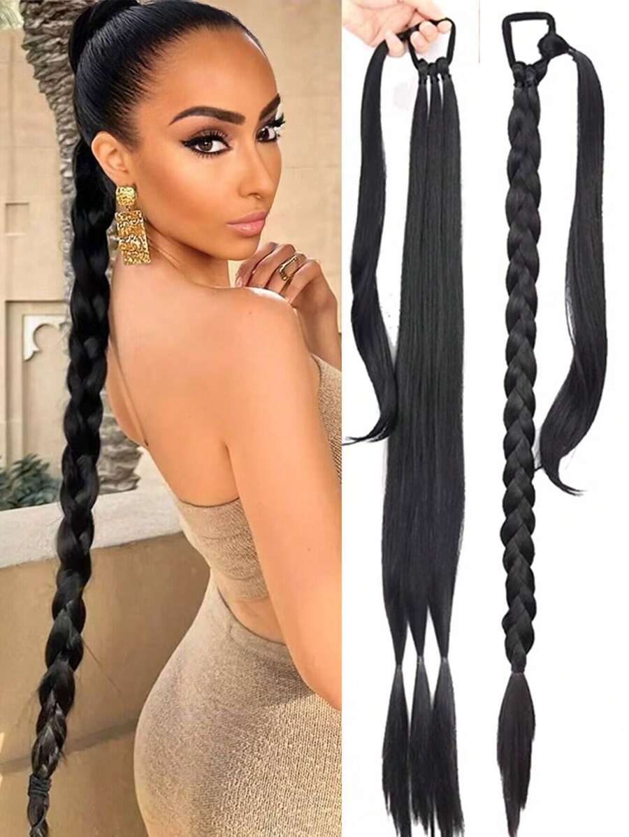 Straight Black 30 Inch Extra Long Synthetic Wrap Around Clip In Ponytail Extension - Black - View 1