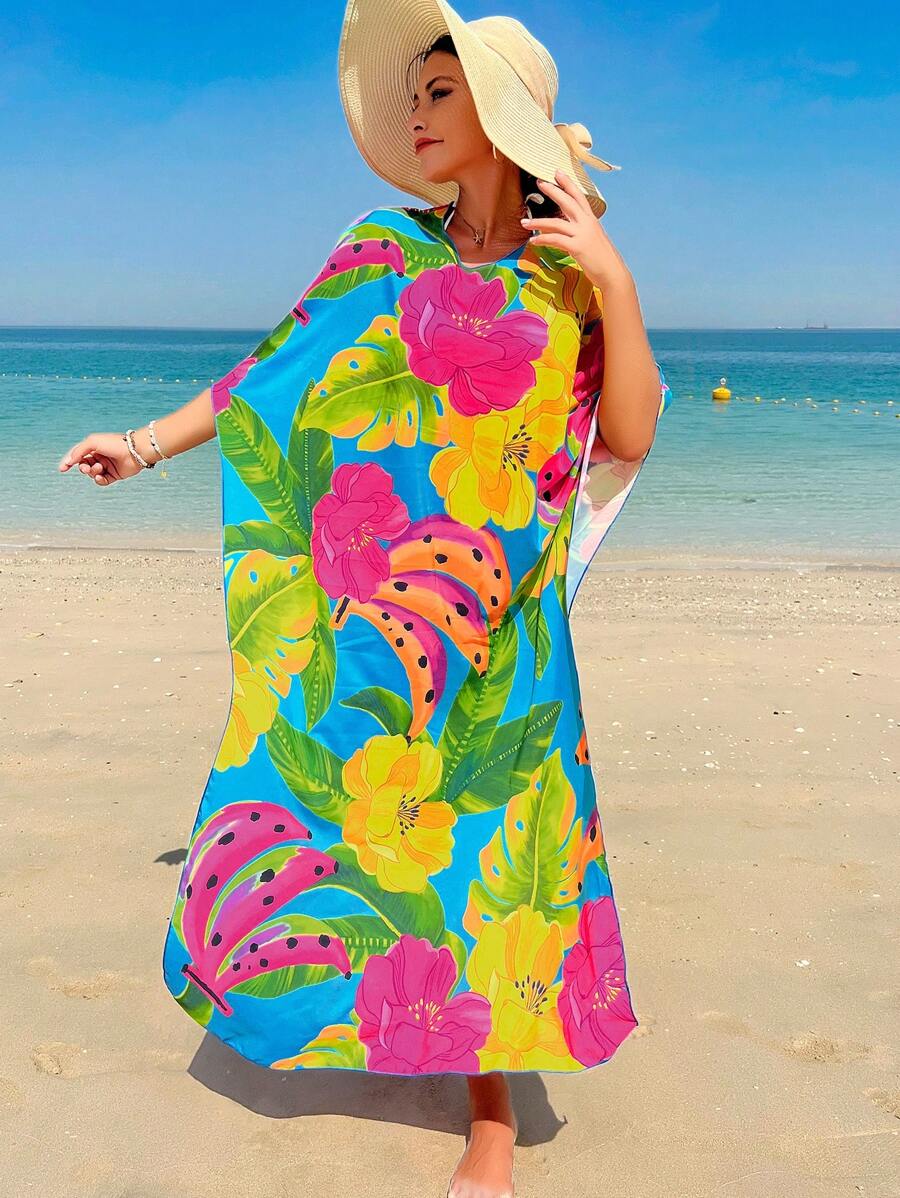 熱帶圖案蝙蝠袖罩衫 - 彩色 - 查看 1