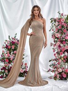 One Shoulder Extra-Long Sleeve Mermaid Hem Glitter Formal Dress