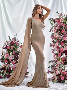 One Shoulder Extra-Long Sleeve Mermaid Hem Glitter Formal Dress